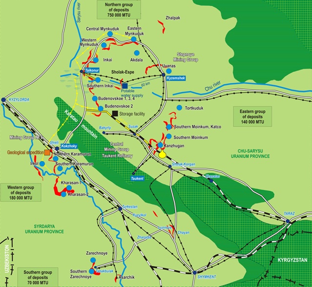 A map from 2007 showing Kazakhstan's main uranium deposits and resources