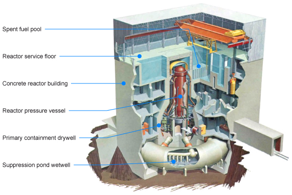 Inside of a GE BWR reactor of the sort at Fukushima Daiichi showing main components